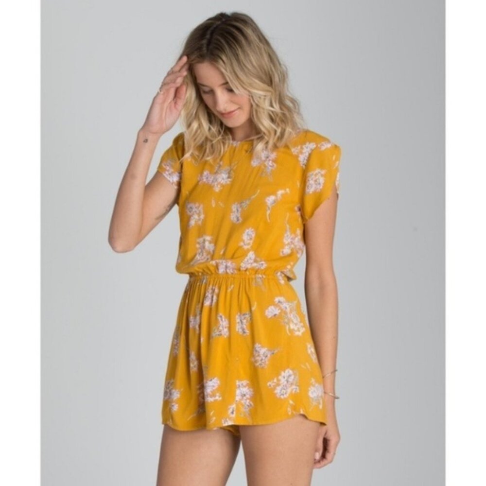 Billabong Yellow Floral Romper Size Small | Short Sleeve Tie-Back Playsuit
